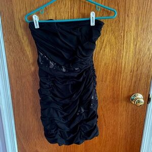 Express ruched and floral lace black dress